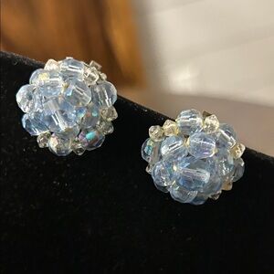 Vintage Blue Crystal Cluster Clip On Earrings